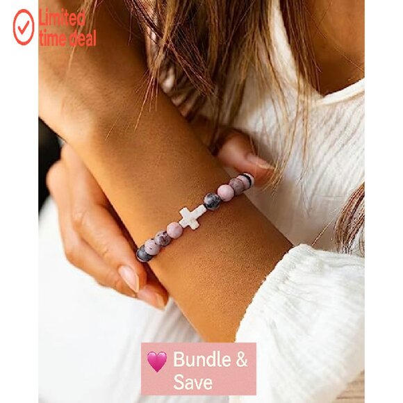 Natural Stone Cross Bead Bracelet, Stretch Fit, Christian Gift - Picture 6 of 8